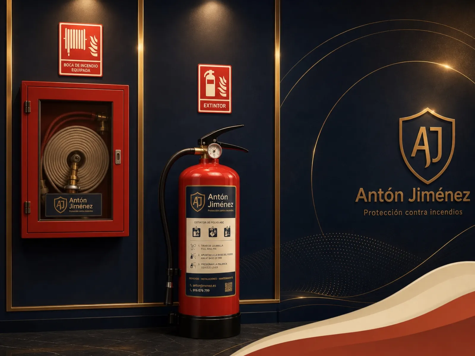 Extintor y BIE con señalización corporativa de Antón Jiménez